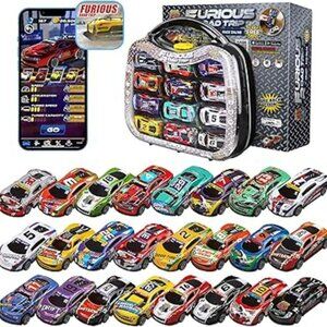 NIB Golden Wheel 24-Pack 1:64 Mini Pull Back Race Cars + Carry Case